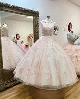 Pink Two Piece Quinceanera Dresses with Beaded  Lace Crop Tulle